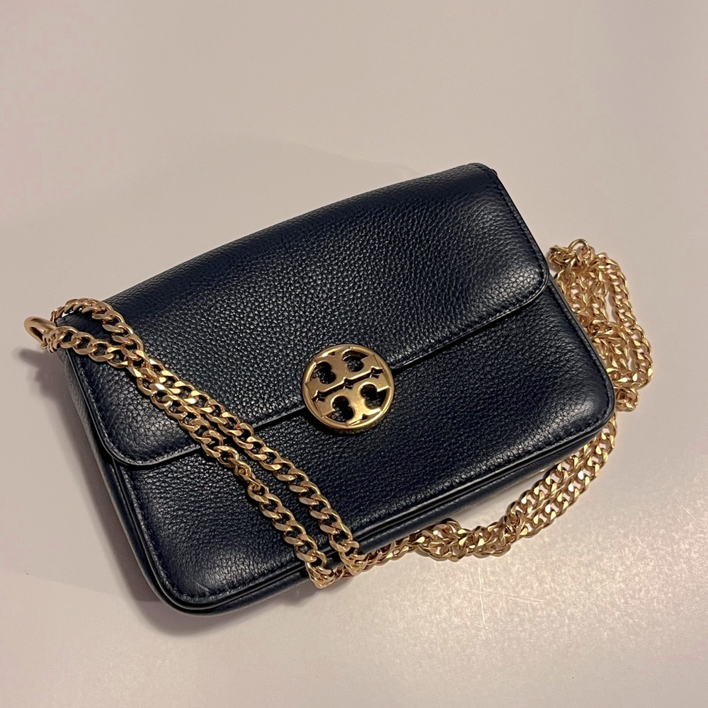 Tory Burch Navy Blue Purse with gold chain